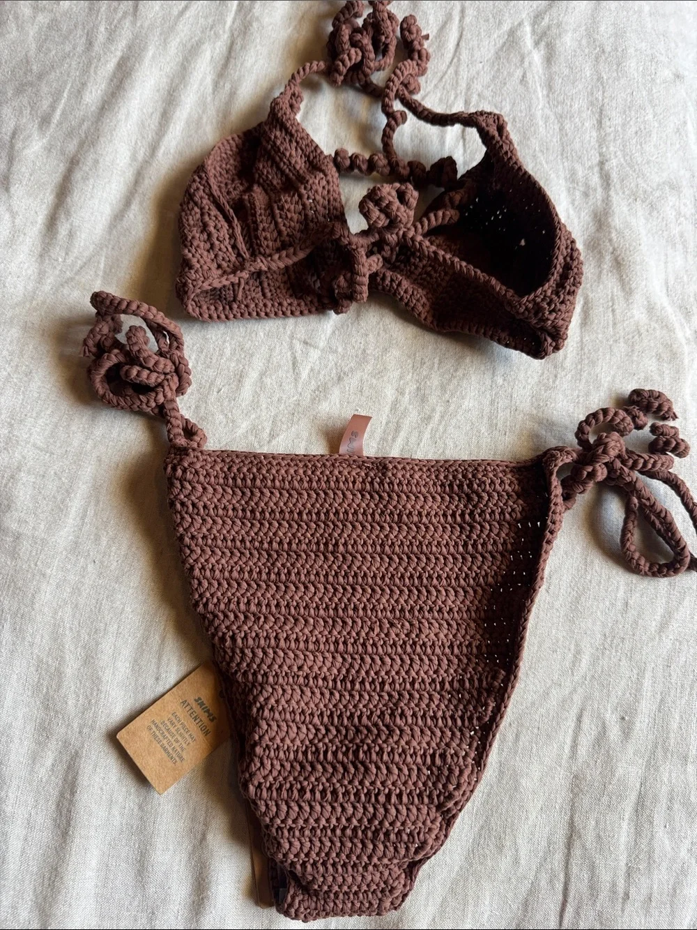 SKIMS Brown Crochet Bikini set. Crochet stretch fabric.